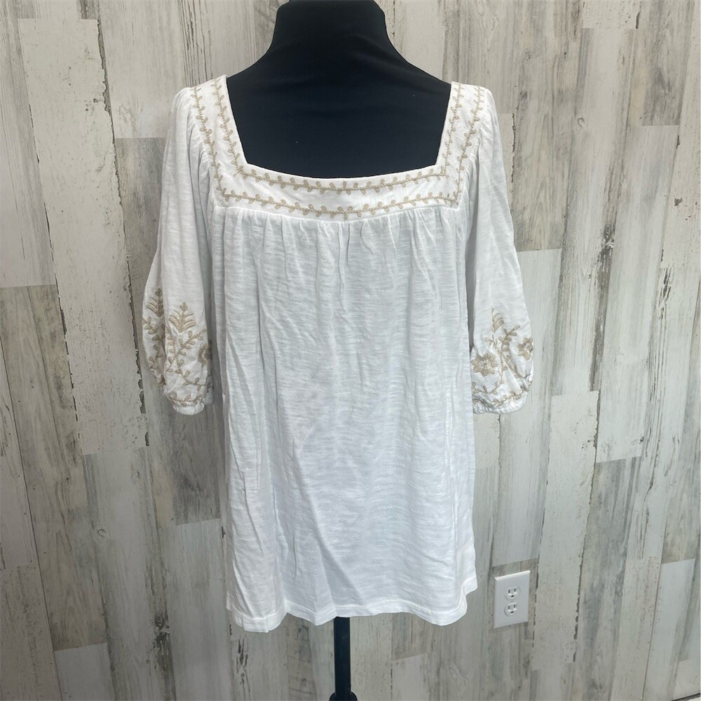 Wonderly Tunic Top Women Size L White Peasant Boho Square Neck 3/4 Sleeve sku742